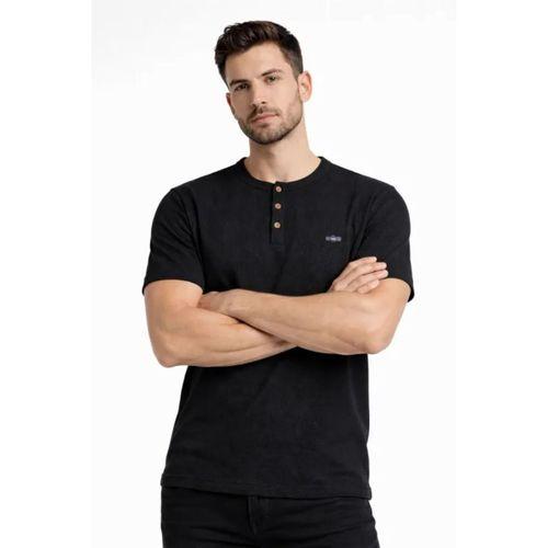 Erkek Waffle Dokulu Likralı Henley Yaka Düğmeli Regular Fit Kısa Kollu T-Shirt - Siyah