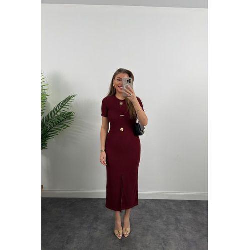 Kadın Ottoman Kumaş Likralı Düğme Tasarımlı Kısa Kol Kalem Elbise