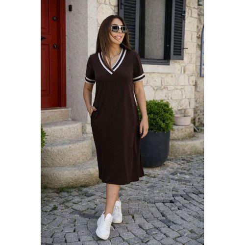 Kadın Kısa Kollu V Yaka Ve Yaka Ribana Detay Midiboy Viskon Elbise