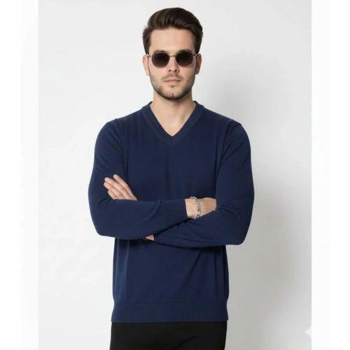 Erkek V Yaka Triko Kazak Yumuşak Dokulu Pamuklu Ince Dokuma, Uzun Kollu Rahat Regular Kalıp - Lacivert