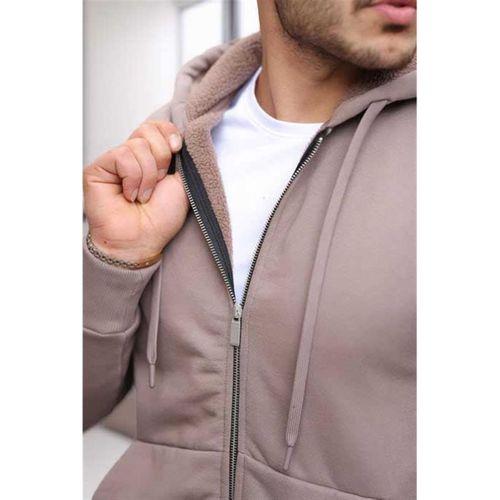 İçi Peluş Üç İplik Kumaş Oversize Fermuarlı Kapüşonlu Sweatshirt- Bej