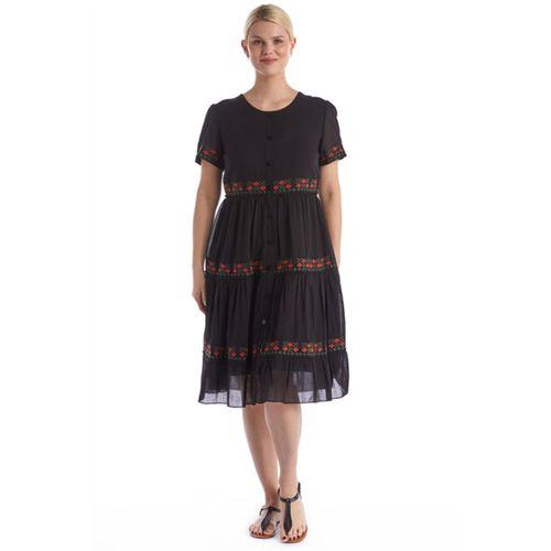 Kısa Kol Siyah Bisiklet Yaka Nakışlı Otantik Vual Kısa Elbise