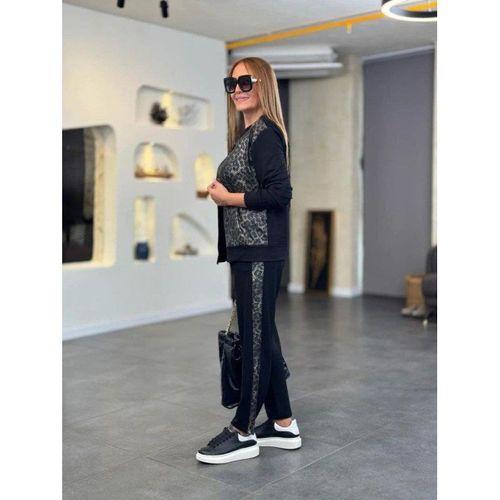 Kadın Uzun Kollu önden Fermuarlı Leopar Desenli Viskon Iki Iplik Bluz Ve Pantolon Ikili Takım