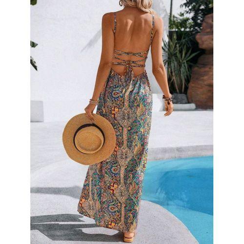 Kadın Ip Askılı Arkadan çapraz Kesim Detaylı Uzun Desenli Süprem Elbise