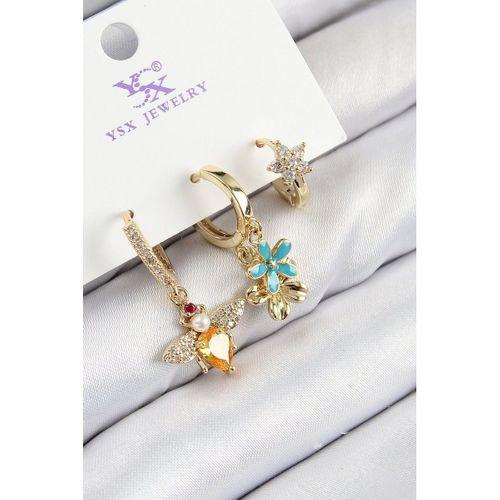 Pirinç Zirkon Taşlı 3'lü Arı Ve Çiçek Model Gold Renk Kadın Küpe