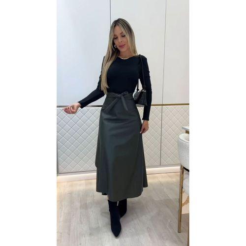 Kadın Belden Kuşaklı Uzun Deri Etek