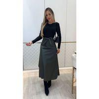 Kadın Belden Kuşaklı Uzun Deri Etek