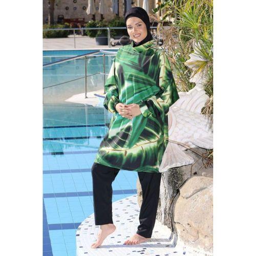 Estiva 26968 Siyah Emerald Flow Tam Kapalı Pantolonlu Kuşak Detaylı Tesettür Mayo