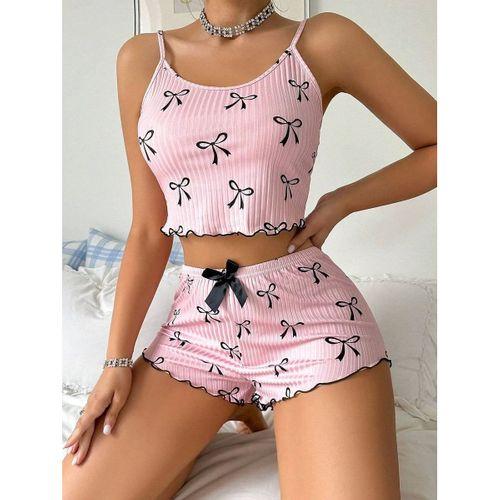 Pembe Fiyonklu Askılı Şortlu Kadın Pijama Takımı, Yumuşak Kumaş, Şık Detaylar,yazlık Kadın Pijama