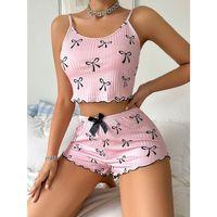Pembe Fiyonklu Askılı Şortlu Kadın Pijama Takımı, Yumuşak Kumaş, Şık Detaylar,yazlık Kadın Pijama
