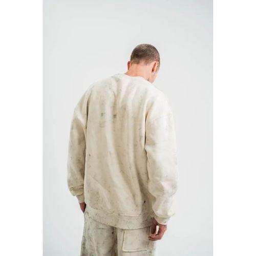 Erkek 3 İplik Pamuklu Yağ Yıkamalı Sweatshirt Double Oversize Bisiklet Yaka Uzun Kol - Krem