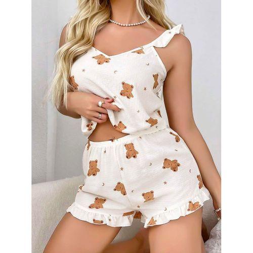 Pamuklu Ayıcık Desen Fırfırlı Askılı Şortlu Pijama Takımı