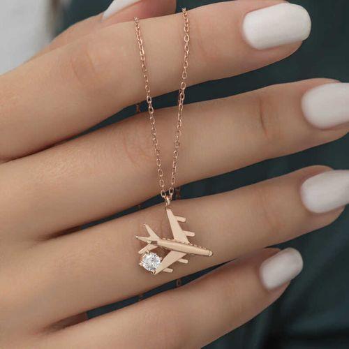 Lucky Life 925 Ayar Gumuss  Rose Tek Taşlı Uçak Lucky Life Lucky Life Kadın Kolye