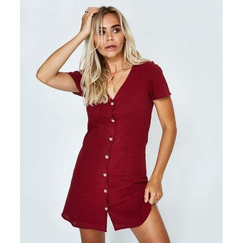 Kadın Kısa Kollu V Yaka önü Düğmeli Viskon Elbise