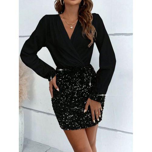 Kadın Uzun Kollu Kruvaze Yakalı üst Ithal Krep Alt Pulpayetli Mini Ithal Krep Elbise