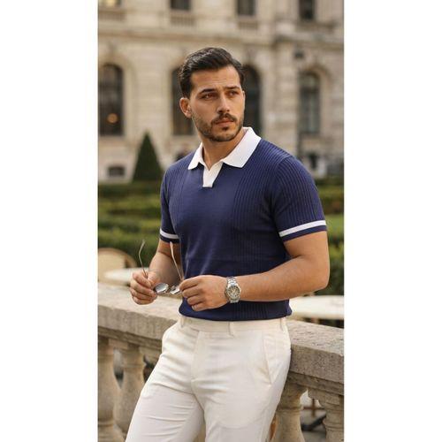 Erkek Renkli Yakalı File Desenli Kısa Kollu Tişört