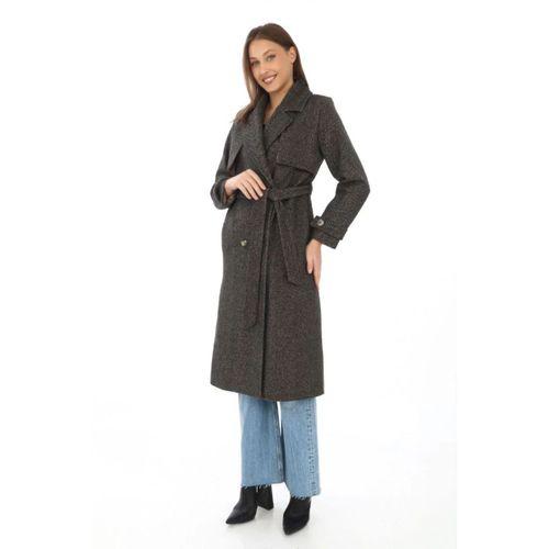 Balık Sırtı Yünlü Dokuma Kaşe Kaban – Kruvaze Yaka, Kuşaklı, Cepli, Astarlı Uzun Boy Tesettür Şık Kışlık Kaşe Kaban Modeli - Kahverengi