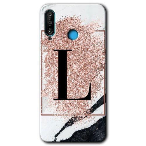 Huawei P30 Lite HD Baskılı Kılıf + 9D Tam Ekran Koruyucu - Pembe Mermer Desenli L Harfi
