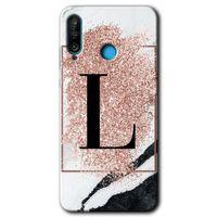 Huawei P30 Lite HD Baskılı Kılıf + 9D Tam Ekran Koruyucu - Pembe Mermer Desenli L Harfi