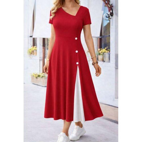 Kadın Kısa Kollu Asimetrik Yakalı Düğme Detaylı Midi Viskon Elbise