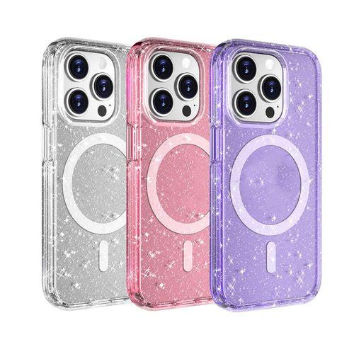 Apple iPhone 15 Pro Kılıf M-safe Şarj Özellikli Parlayan Simli Saydam Renkli Zore Allstar Kapak