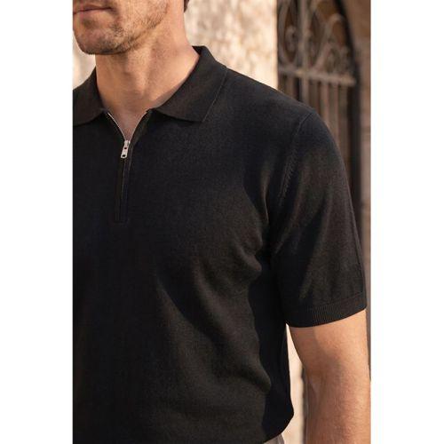 Linus Fermuarlı Polo Yaka Kısa Kollu İnce Triko Erkek T-Shirt - Siyah