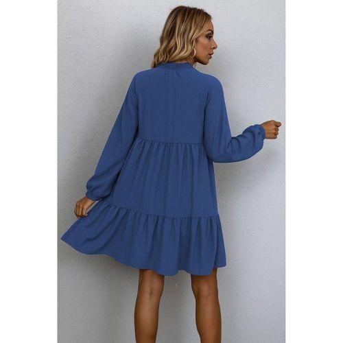 Kadın Uzun Kollu Yakadan Bağcıklı Fırfırlı Keten Mini Elbise