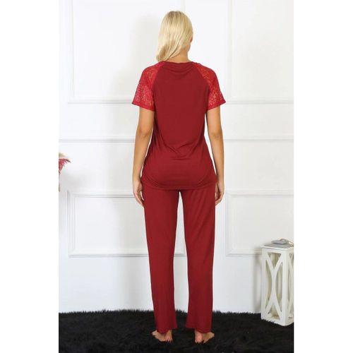Kadın Kolu Dantelli Penye Pijama Takım Bordo