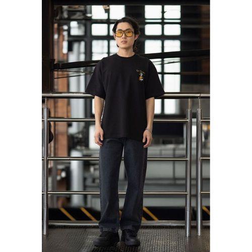 Cep Baskılı İki İplik Kumaş Pamuklu Oversize Erkek T-Shirt - Siyah