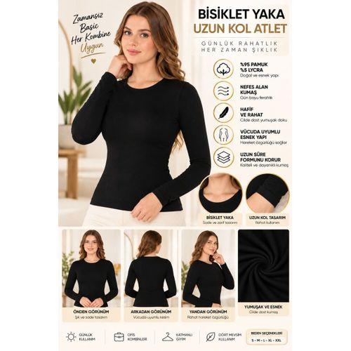 Kadın Bisiklet Yaka Uzun Kol Atlet Siyah, Esnek Kumaş, Vücuda Oturan Basic Body - ryl - 2613