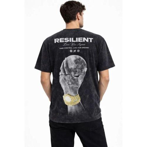 Erkek Asit Yıkamalı Baskılı Tişört Bisiklet Yaka Kısa Kollu Streetwear T-shirt - Siyah
