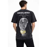 Erkek Asit Yıkamalı Baskılı Tişört Bisiklet Yaka Kısa Kollu Streetwear T-shirt - Siyah