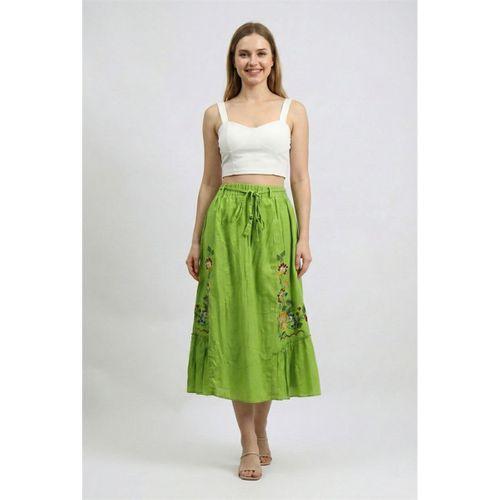 Canan Vual Bağlama ve Lastik Detay Midi Boy Yazlık Otantik Etek Fıstık Yeşili fysl