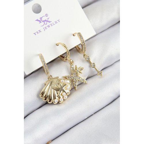 Pirinç Zirkon Taşlı 3'lü İstiridye Ve Yıldız Model Gold Renk Kadın Küpe
