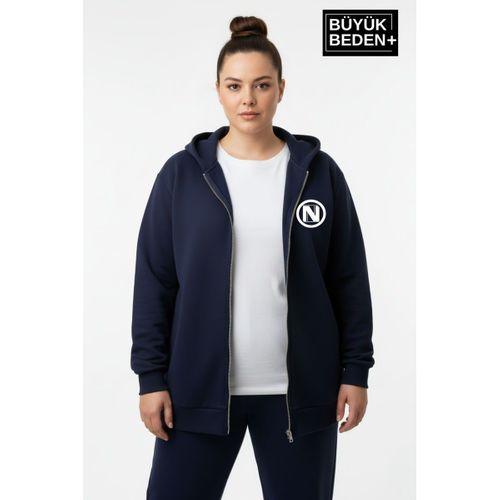 Kadın Büyük Beden Kapüşonlu Fermuarlı N Baskılı Sweatshirt Hırka SPR26BHRK922