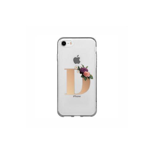 iPhone 8 Şeffaf Kılıf Gold Renkli Çiçekli D Harfli Desenli
