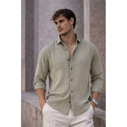 Nefes Alabilir Yarım Oversize Müslin Kumaş Uzun Kol Yakalı Erkek Gömlek - Açık Haki