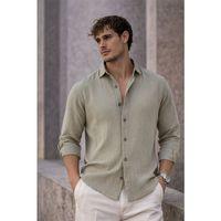 Nefes Alabilir Yarım Oversize Müslin Kumaş Uzun Kol Yakalı Erkek Gömlek - Açık Haki