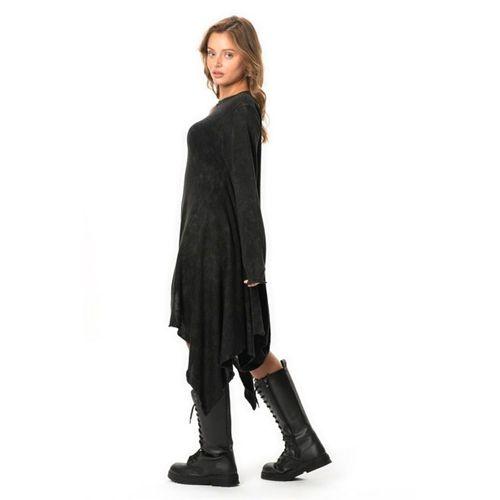 Uzun Kol Handan Asimetrik Kesim Sonbahar ve Kışlık Dökümlü Midi Boy Triko Elbise Füme Fm