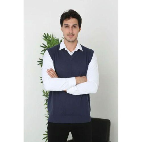 Erkek V Yaka Kolsuz Süveter Triko Kazak Yumuşak Dokulu Pamuklu Ince Dokuma Rahat Regular Kalıp - Lacivert