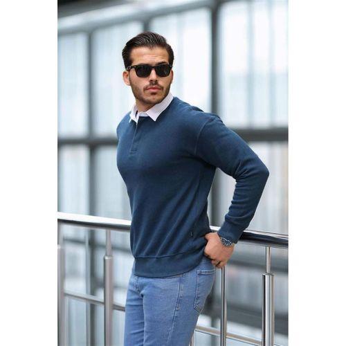 Polo Yaka Selanik Örme Kumaş Erkek Sweatshirt - İndigo