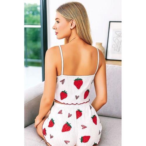 Penye Kumaş Çilek Desen Beyaz Şortlu Takım