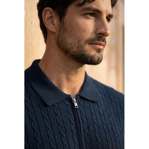 Burke Saç Örgü Yarım Fermuarlı Kısa Kollu İnce Triko Erkek T-Shirt - Lacivert