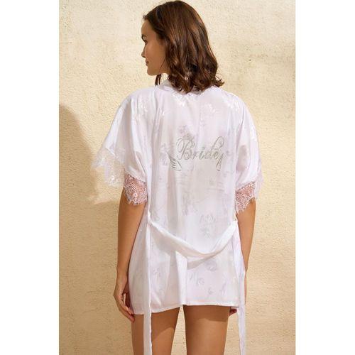 Saten Bride Baskılı Dantelli Sabahlık Balensiz Desteksiz Dolgusuz Bralet Sütyen Ve Şort 3'lü Takım