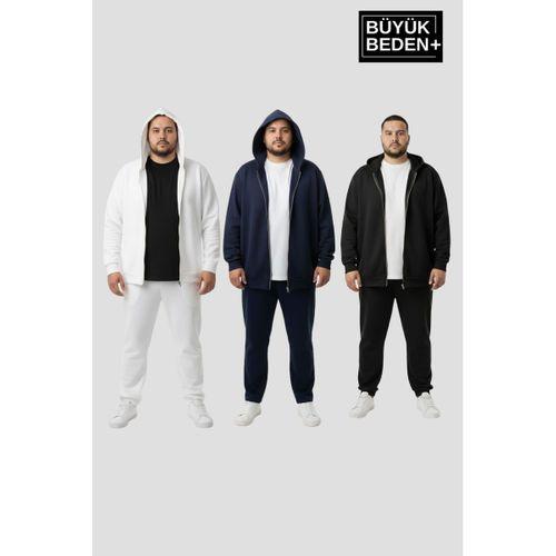 Erkek Büyük Beden Fermuarlı Kapüşonlu 3 lü Set ince Sweatshirt Hırka - Rahat Kalıp SPR26BHR960+3