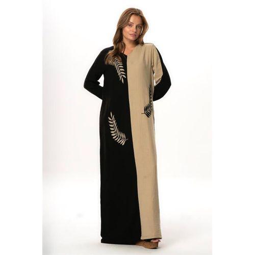 Uzun Kol Yaprak V Yaka Baskılı Müslin Uzun Otantik Yazlık Elbise Siyah/Vizon Syh/Vzn