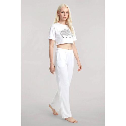 Kadın Beyaz Baskılı Crop T-shirt Pantolon Takım %100 Pamuk Rahat 2’li Set
