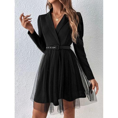 Kadın Uzun Kollu Yakalı Belinde Kemer Detaylı Mini Tüllü Ithal Krep Elbise