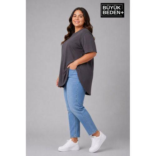 Süperlife Büyük Beden Kadın Bisiklet Yaka Basic Oval Etek Detalylı 3xl-6xl Uzun Tunik SPR26BTSK502