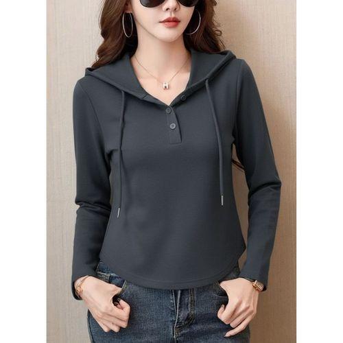 Kadın Uzun Kollu Kapşonlu Bağcıklı Düğmeli Viskon Iki Iplik Füme Bluz